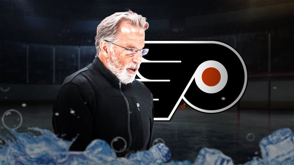 John Tortorella in image looking stern, Philadelphia Flyers logo, hockey rink in background