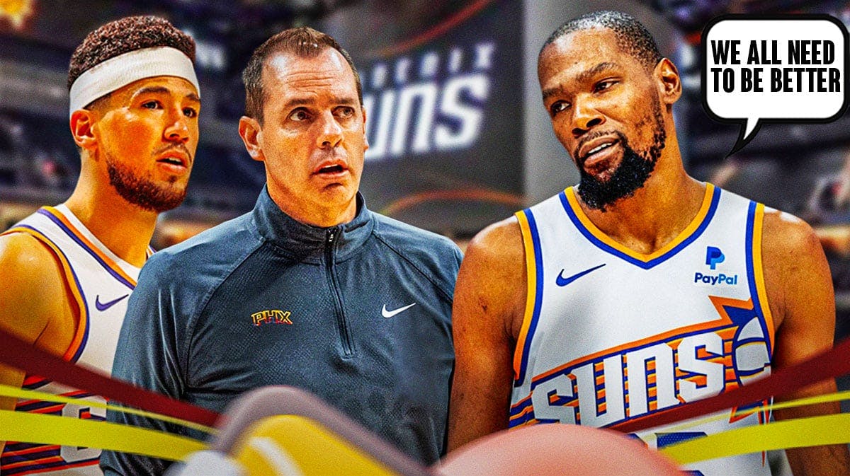 Suns' Kevin Durant saying "We all need to be better" next to Devin Booker and Frank Vogel