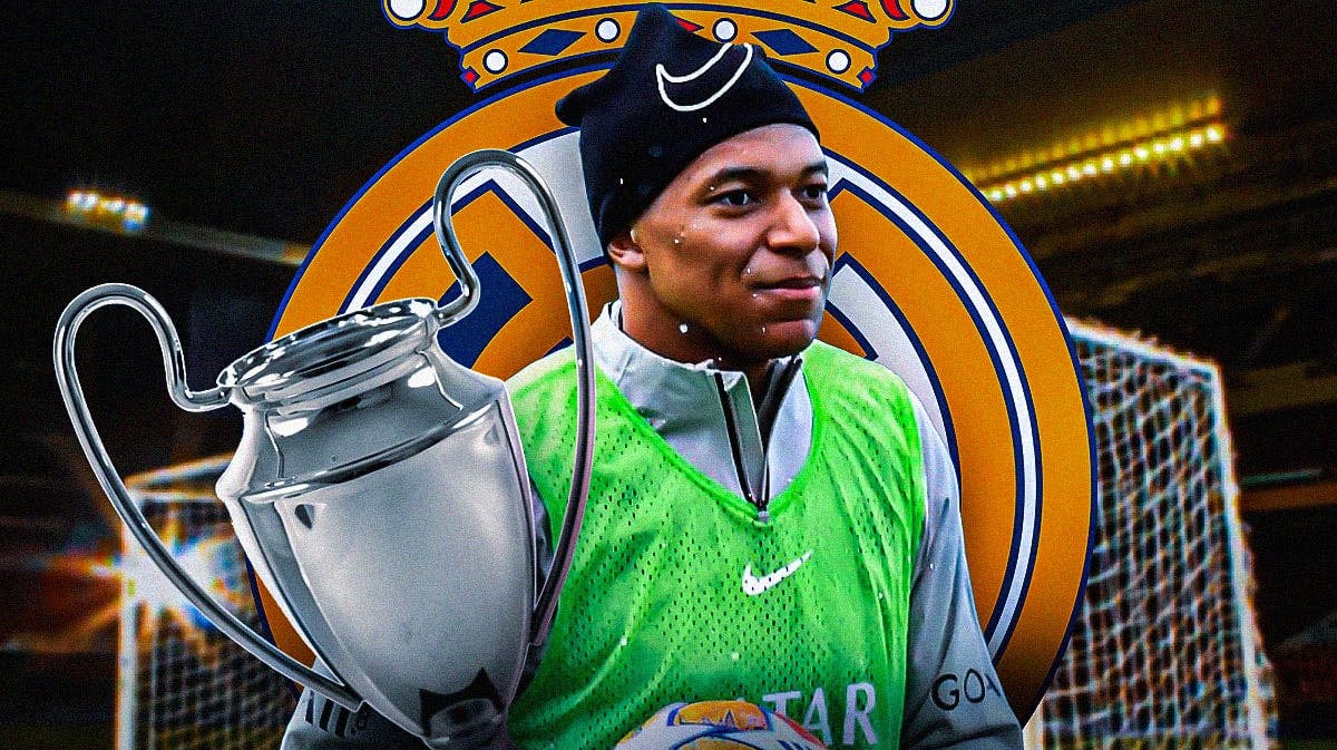 Kylian Mbappe in front of the Real Madrid logo, the Champions League trophy on the side