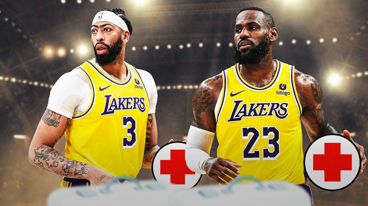Anthony Davis and LeBron James (Lakers) each holding a medical cross symbol