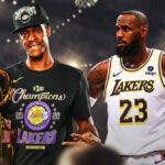 Lakers' LeBron James looking at Rajon Rondo holding the 2020 NBA championship