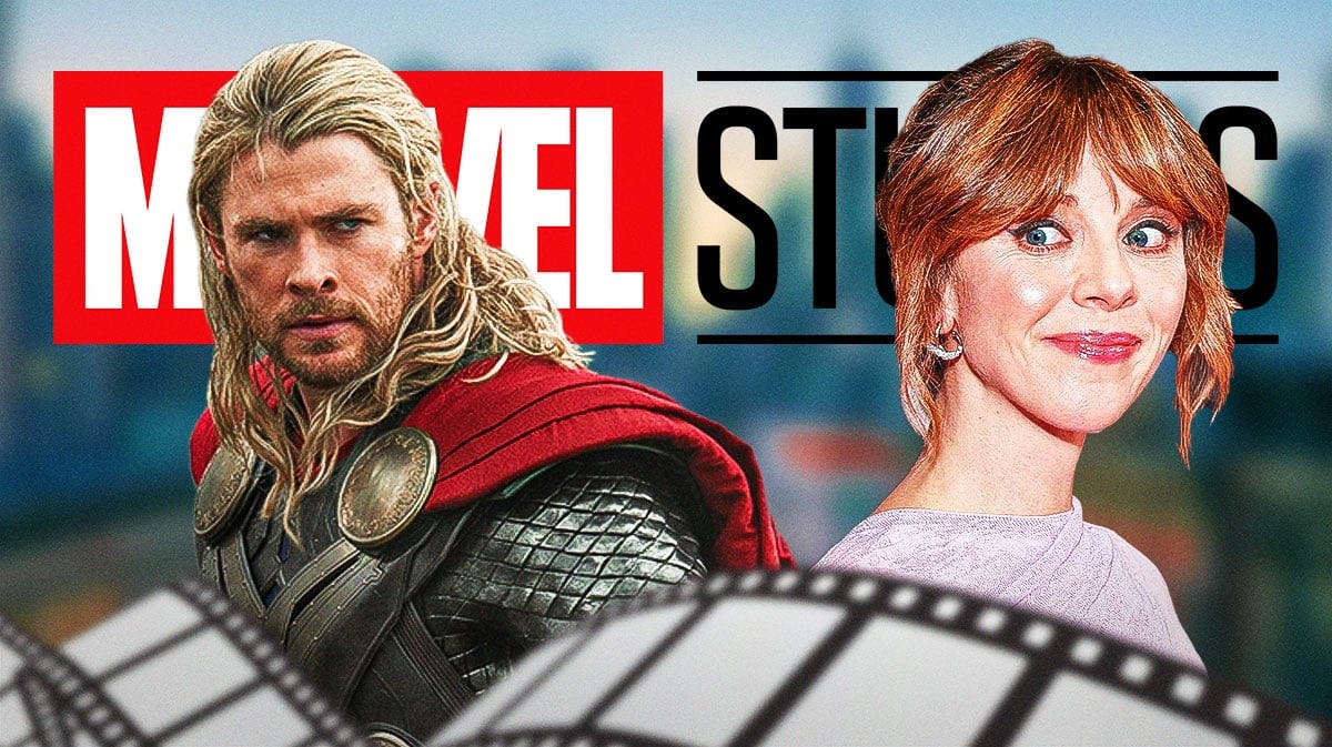 Chris Hemsworth as Thor with Loki star Sophia Di Martino and Marvel Studios (MCU) logo.