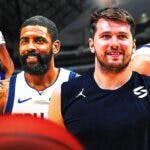 Mavericks' Luka Doncic and Mavericks' Kyrie Irving both smiling in front of image. In background, need both Doncic and Irving shooting basketballs.