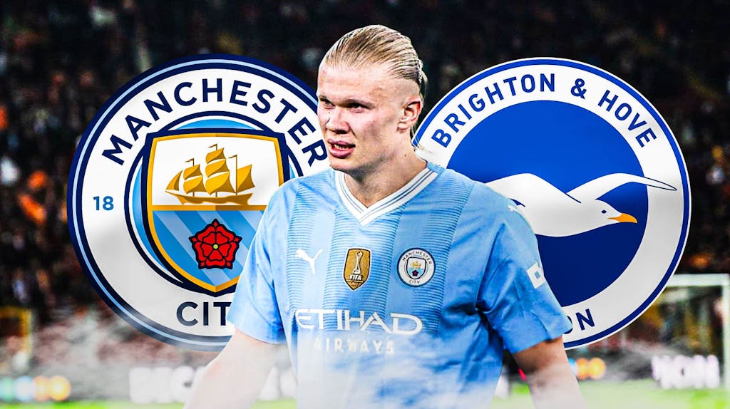 Erling Haaland looking down/sad in front of the Manchester City and Brighton logos