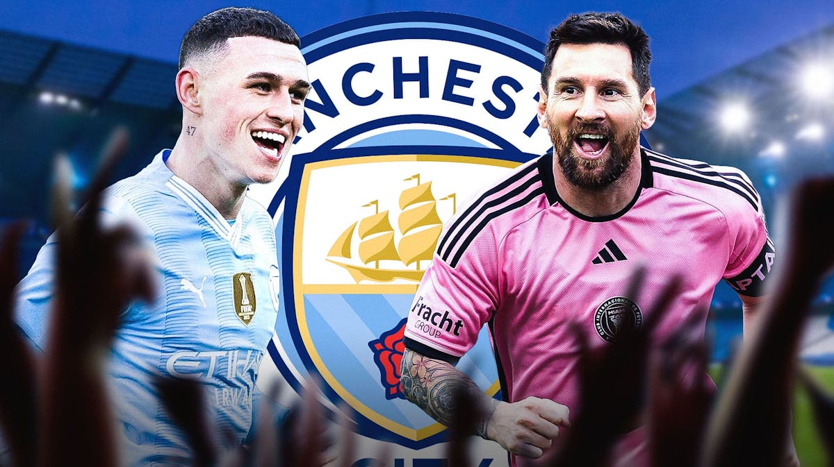 Phil Foden and Lionel Messi smiling in front of the Manchester City logo