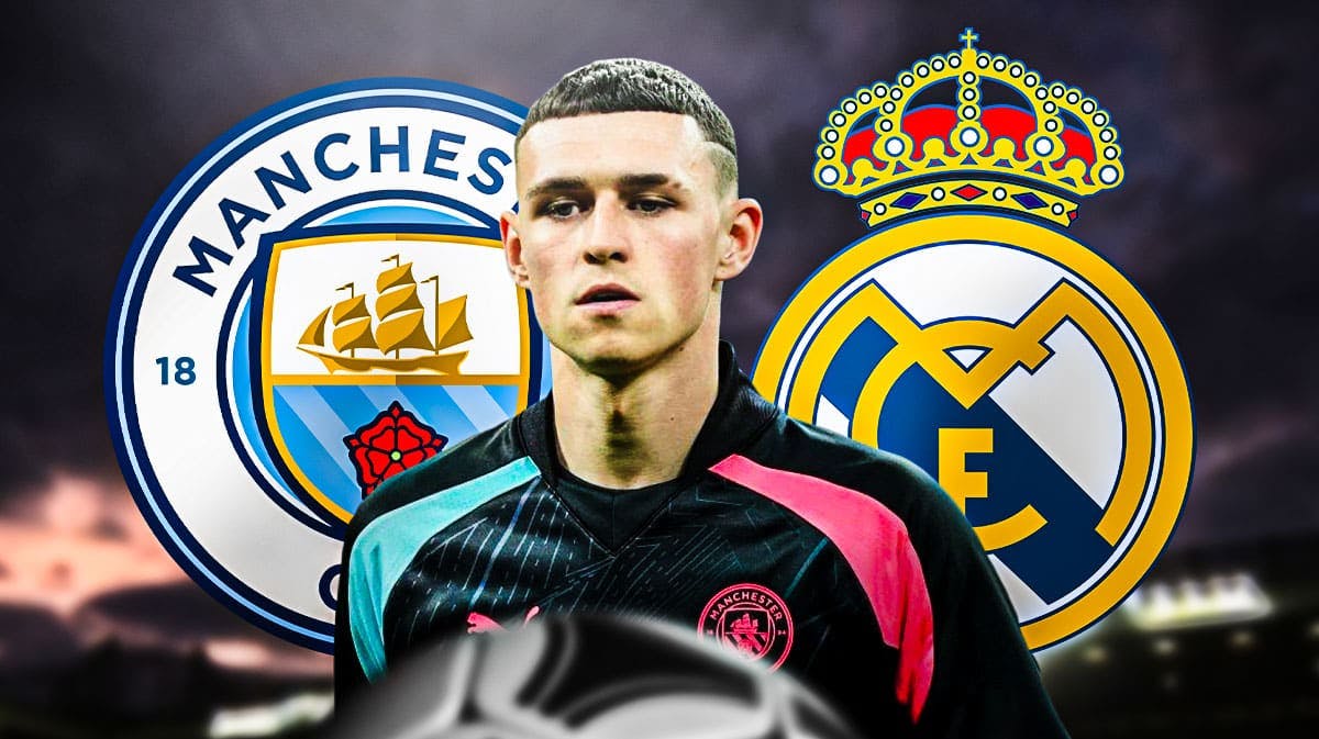 Phil Foden in front of the Manchester City and Real Madrid logo