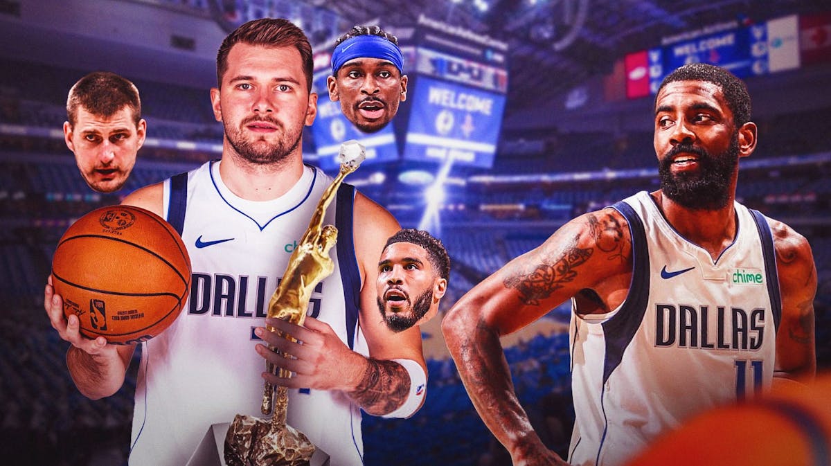 Mavericks' Kyrie Irving looking at Luka Doncic holding the MVP trophy, with cutouts of heads of Nikola Jokic, Shai Gilgeous-Alexander, and Jayson Tatum around Doncic