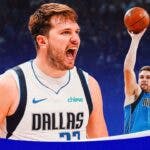 Luka Doncic screaming/yelling (2024 image). In background, need Luka Doncic shooting a basketball.