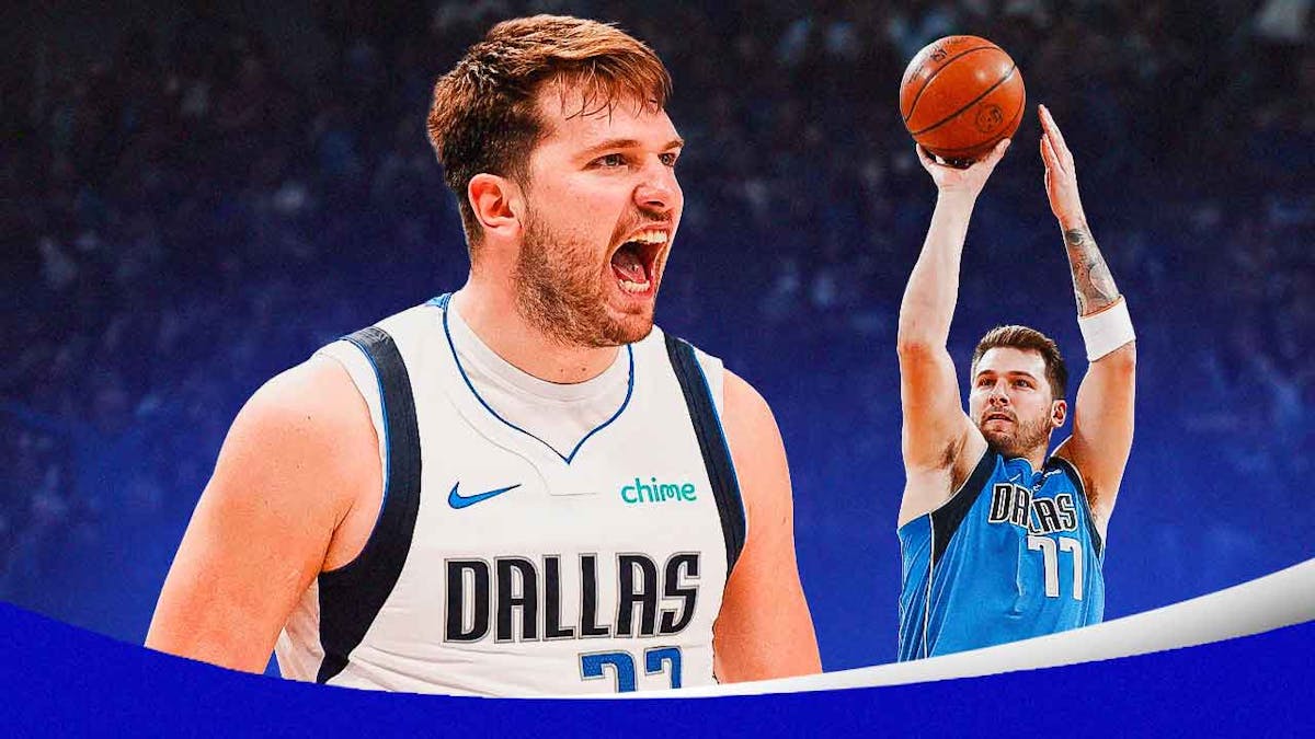 Luka Doncic screaming/yelling (2024 image). In background, need Luka Doncic shooting a basketball.