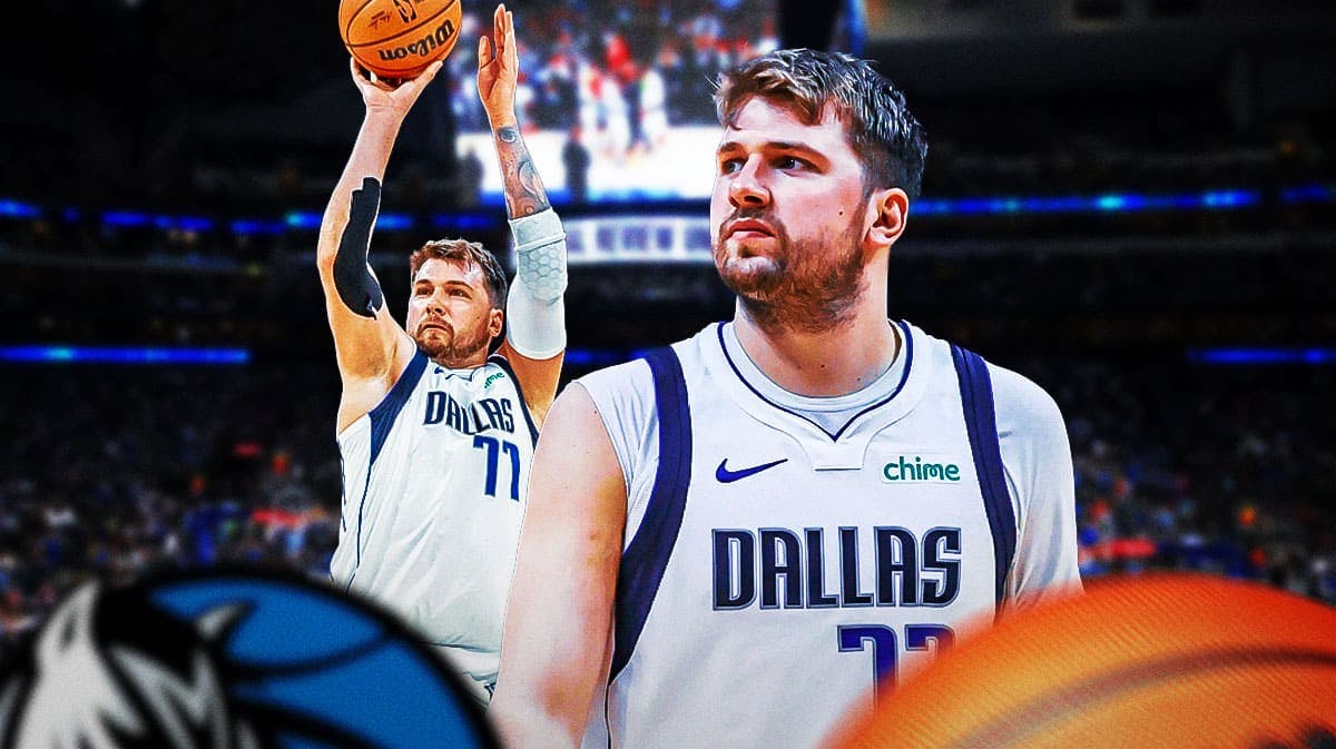 Mavericks' Luka Doncic looking serious in front. Close-up image. In background, have Mavericks' Luka Doncic shooting a basketball.