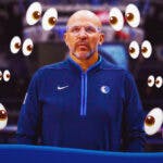 Jason Kidd close-up image (2024 image) standing on Mavericks' sideline. Place the eyes emoji all over image looking at Kidd.