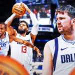 Mavericks' Luka Doncic looking at Clippers' Paul George shooting a basketball, Clippers' Kawhi Leonard dunking a basketball.