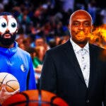 Tim Hardaway Sr. (2024 image) breathing fire in front. In background, need Tim Hardaway Jr. (2024 image) with eyes popping out looking at Tim Hardaway Sr.
