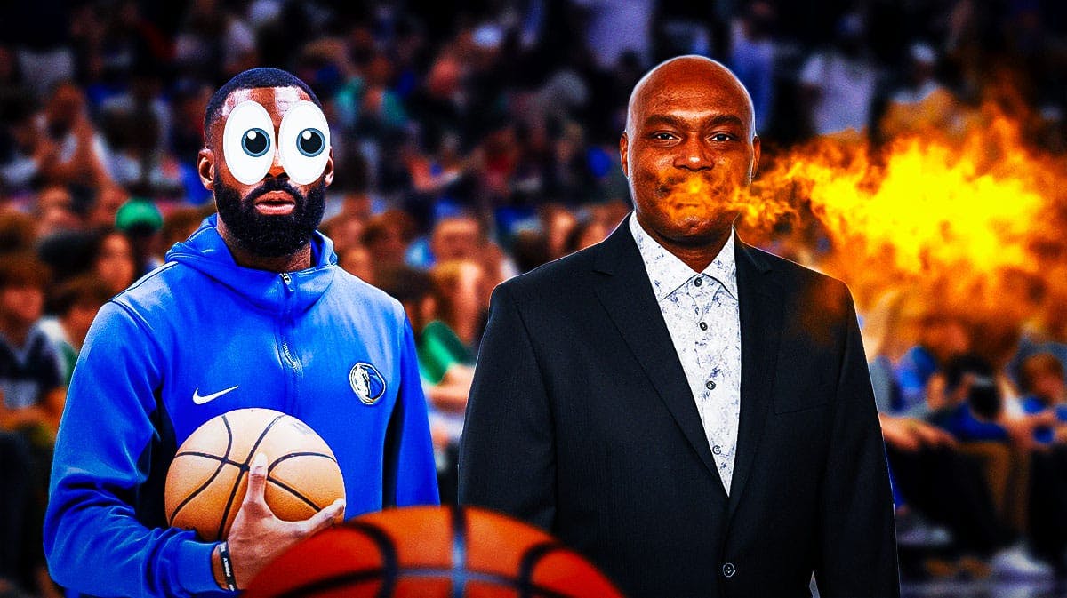 Tim Hardaway Sr. (2024 image) breathing fire in front. In background, need Tim Hardaway Jr. (2024 image) with eyes popping out looking at Tim Hardaway Sr.