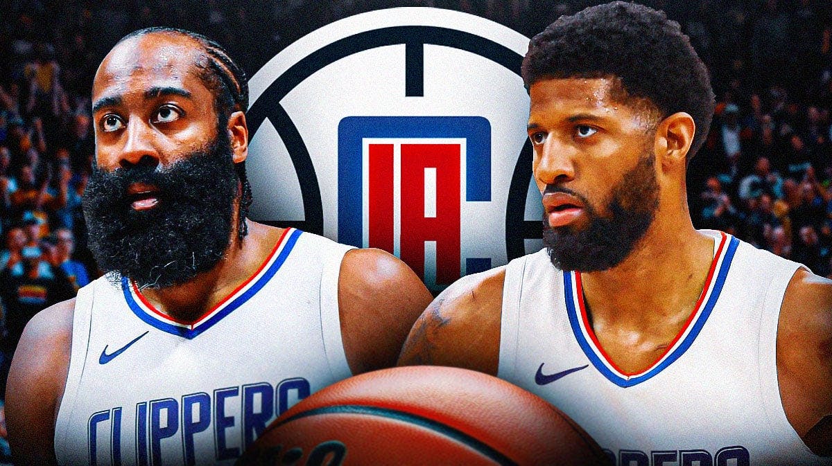 Paul George, James Harden and LA Clippers logo, basketball court in background