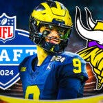 JJ McCarthy with the 2024 NFL Draft logo on one side and the Vikings logo on the other side