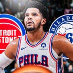 Tobias Harris between the Pistons and 76ers logos