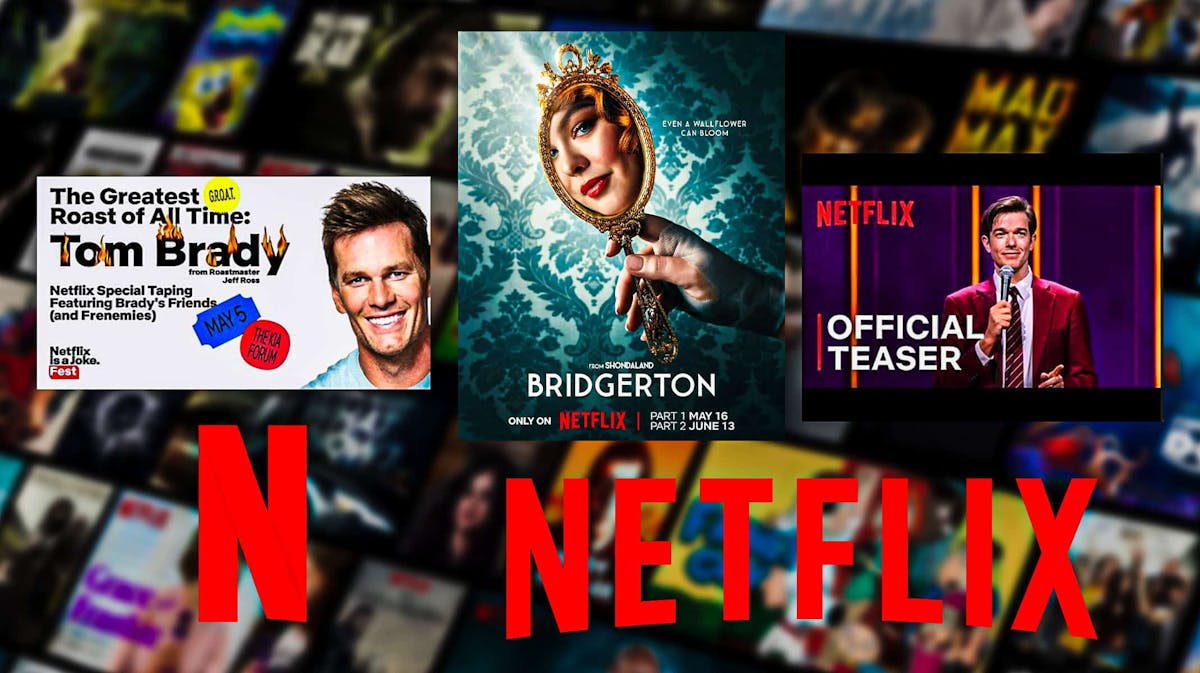 Netflix logo collaged with movie/show posters for Bridgerton season 3, The roast of Tom Brady, and John Mulaney Presents: Everybody's in L.A.