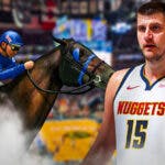 Nuggets Nikola Jokic looking at a racehorse (the background is the the Nuggets court.)
