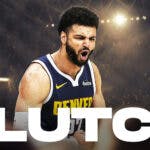 Nuggets' Jamal Murray screaming/happy with giant words over him (on the bottom of the graphic) that says CLUTCH
