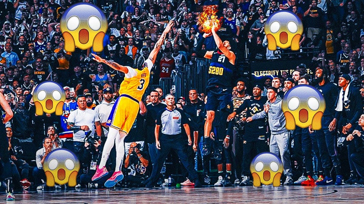 Nuggets Jamal Murray hitting a shot against the Lakers' Anthony Davis with the ball on fire, and a few shocked face emojis in the crowd.