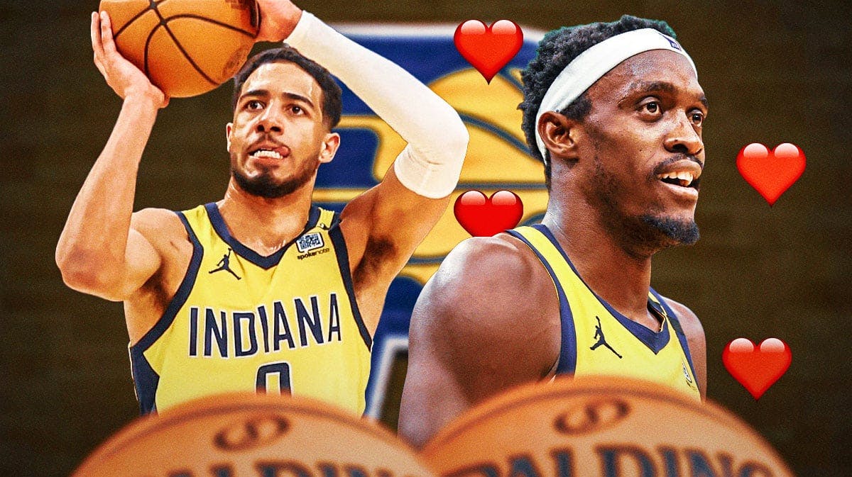Pascal Siakam with hearts all over him with the Pacers logo and Tyrese Haliburton beside him