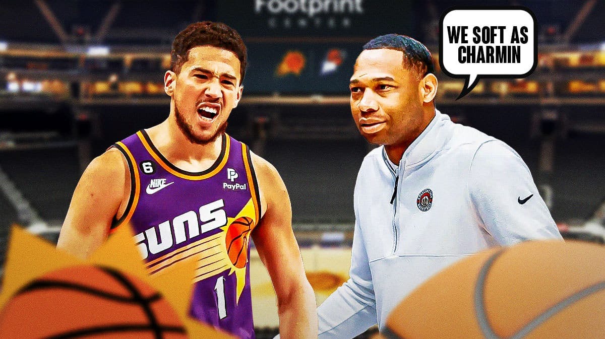 Graphic: Devin Booker arms up celebrating. Pelicans coach Willie Green with a word bubble saying “We soft as Charmin”