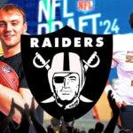 A Raiders logo in the center surrounded by Brock Bowers, Jackson Powers-Johnson, and Delmar Glaze in Raiders jerseys and a 2024 NFL Draft background.