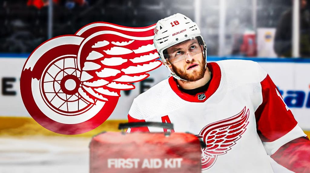 Andrew Copp in image looking stern, first aid kit to represent injury, Detroit Red Wings logo, hockey rink in background