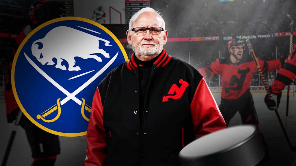 Devils, Sabres coach Lindy Ruff stands in front of NHL Playoff fans, Don Granato in backkground