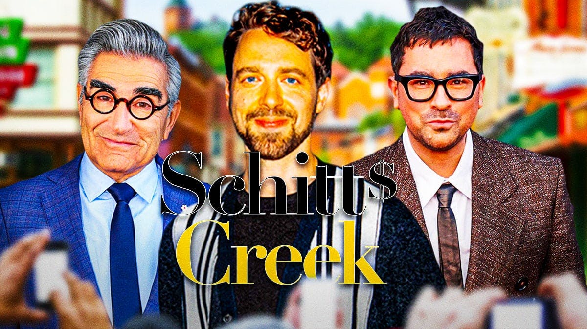 Schitt's Creek logo with Eugene and Dan Levy and David West Read with small town background.