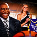 Magic Johnson, with WNBA Los Angeles Sparks players Cameron Brink and Rickea Jackson