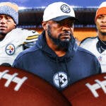 Steelers coach Mike Tomlin with quarterbacks Russell Wilson and Justin Fields