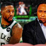 On left, Stephen A. Smith saying the following: Trade! On right, Bucks' Damian Lillard looking serious.