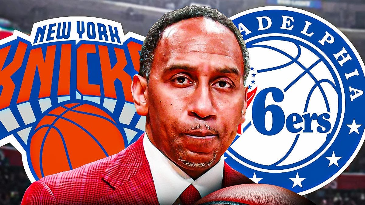 Stephen A. Smith in the middle, Knicks and 76ers logo on either side of him