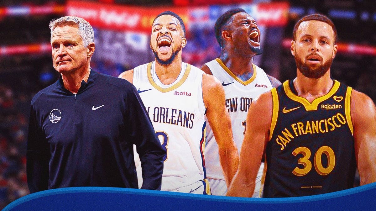 Warriors' Steve Kerr and Stephen Curry with Pelicans' CJ McCollum and Zion Williamson