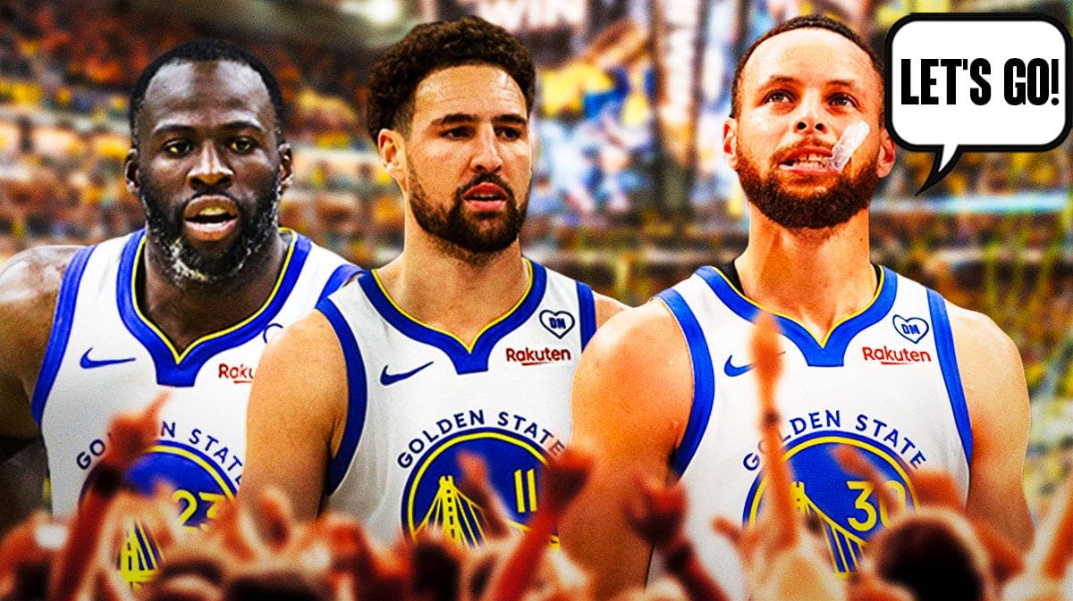 Warriors' Stephen Curry saying "Let's go" next to Klay Thompson and Draymond Green