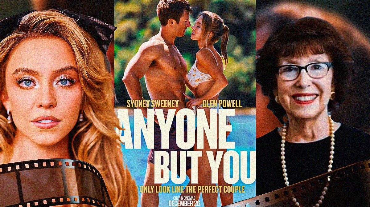 Sydney Sweeney with Carol Baum with Anyone But You poster.