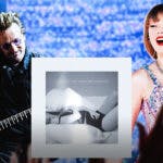 U2 The Edge and Bono with The Tortured Poets Department album cover and Taylor Swift with Sphere background.