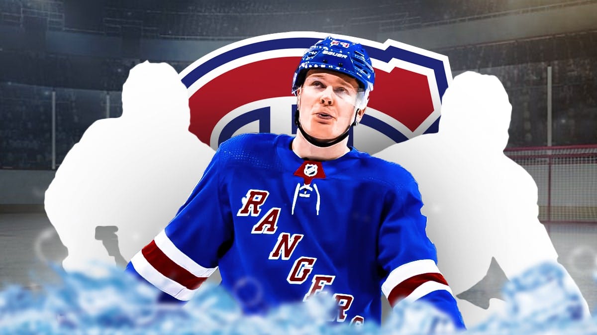 Kaapo Kakko in middle looking stern, 1 silhouetted player on each side of him, Montreal Canadiens logo, hockey rink in background