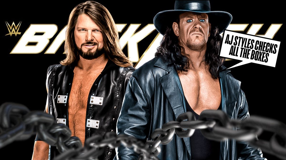 The Undertaker with a text bubble reading "AJ Styles checks all the boxes" next to AJ Styles with the WWE Backlash logo as the background.