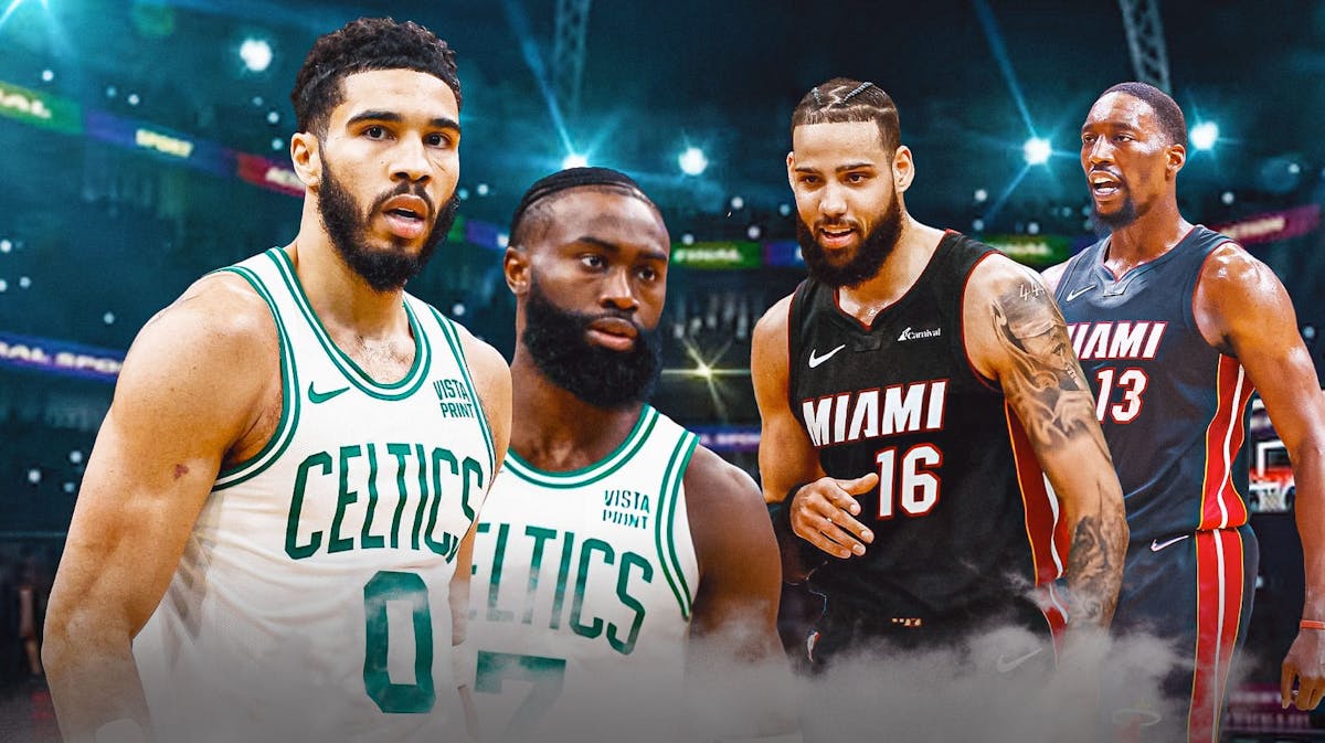 Celtics' Jayson Tatum and Jaylen Brown with Heat's Caleb Martin and Bam Adebayo