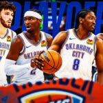 Shai Gilgeous-Alexander, Jalen Williams, Chet Holmgren, Luguentz Dort all in action surrounding a 2024 NBA Playoffs logo.