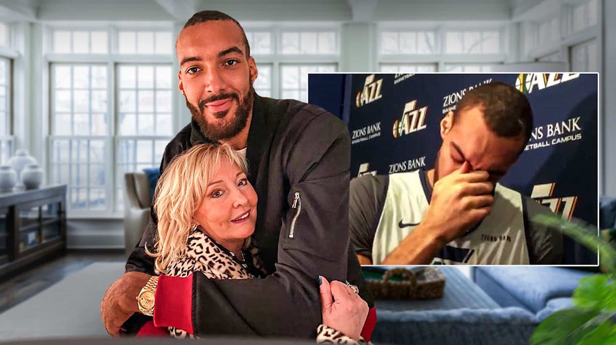 Timberwolves' Rudy Gobert in a picture with his mom, with picture of Gobert crying in 2019 on the side