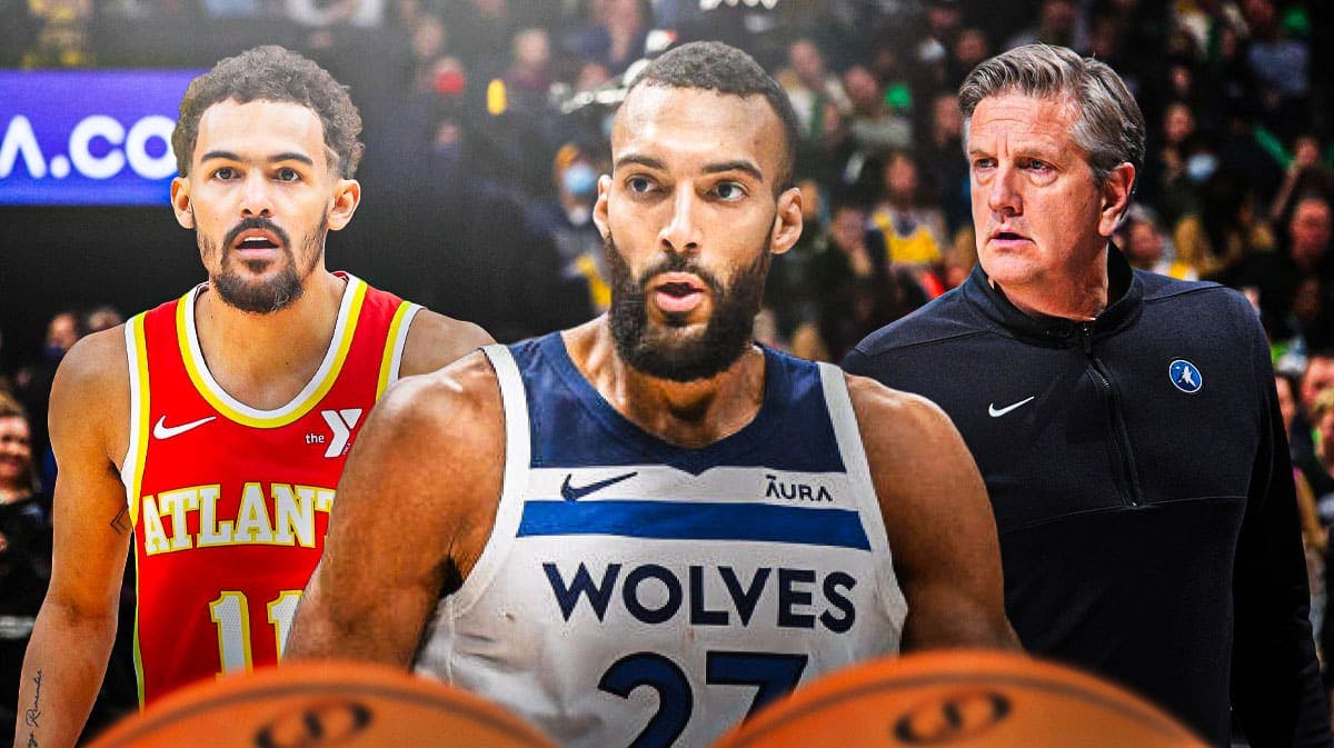 Rudy Gobert front and center saying “Winning is everything”. To left, can we do Trae Young and to right Chris Finch.