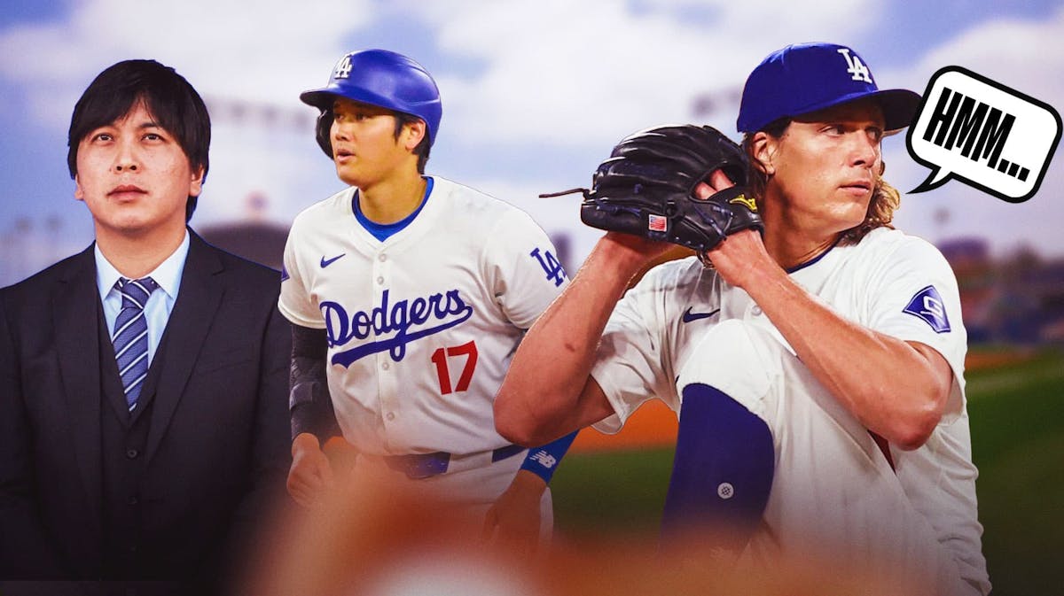 On right, Dodgers' Tyler Glasnow looking serious and saying the following: Hmm... On left, have Shohei Ohtani and Ippei Mizuhara both looking serious.