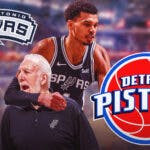 Image: possible to do Victor Wembanyama putting Gregg Popovich in a headlock? Also: San Antonio Spurs logo, Detroit Pistons logo