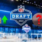 The logo for the 2024 NFL Draft is in the middle of the image. On the left side is a logo of the Minnesota Vikings with a green up arrow next to it. On the right side is a silhouette of an American football helmet with a question mark inside it. There is a red down arrow next to the helmet.