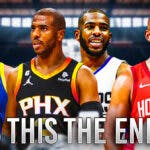 Warriors' Chris Paul with Suns, Clippers, and Rockets versions of himself beside him, caption below: IS THIS THE END?