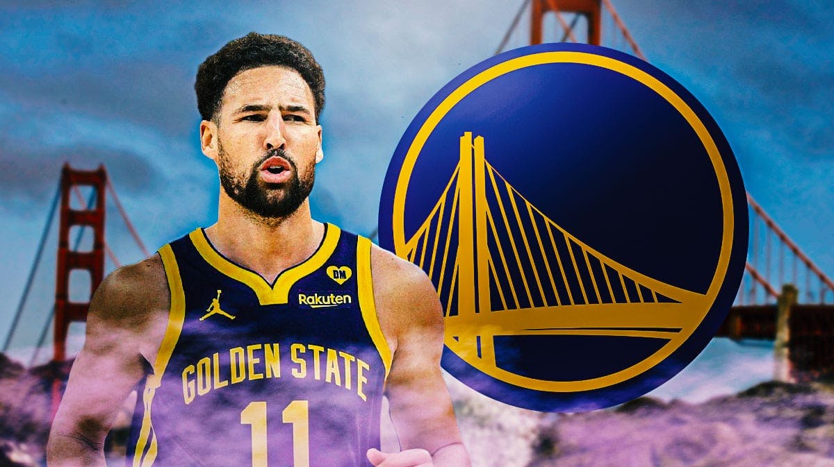 Warriors' Klay Thompson on left. Golden State Warriors' logo on right. San Francisco's Golden Gate Bridge in background.